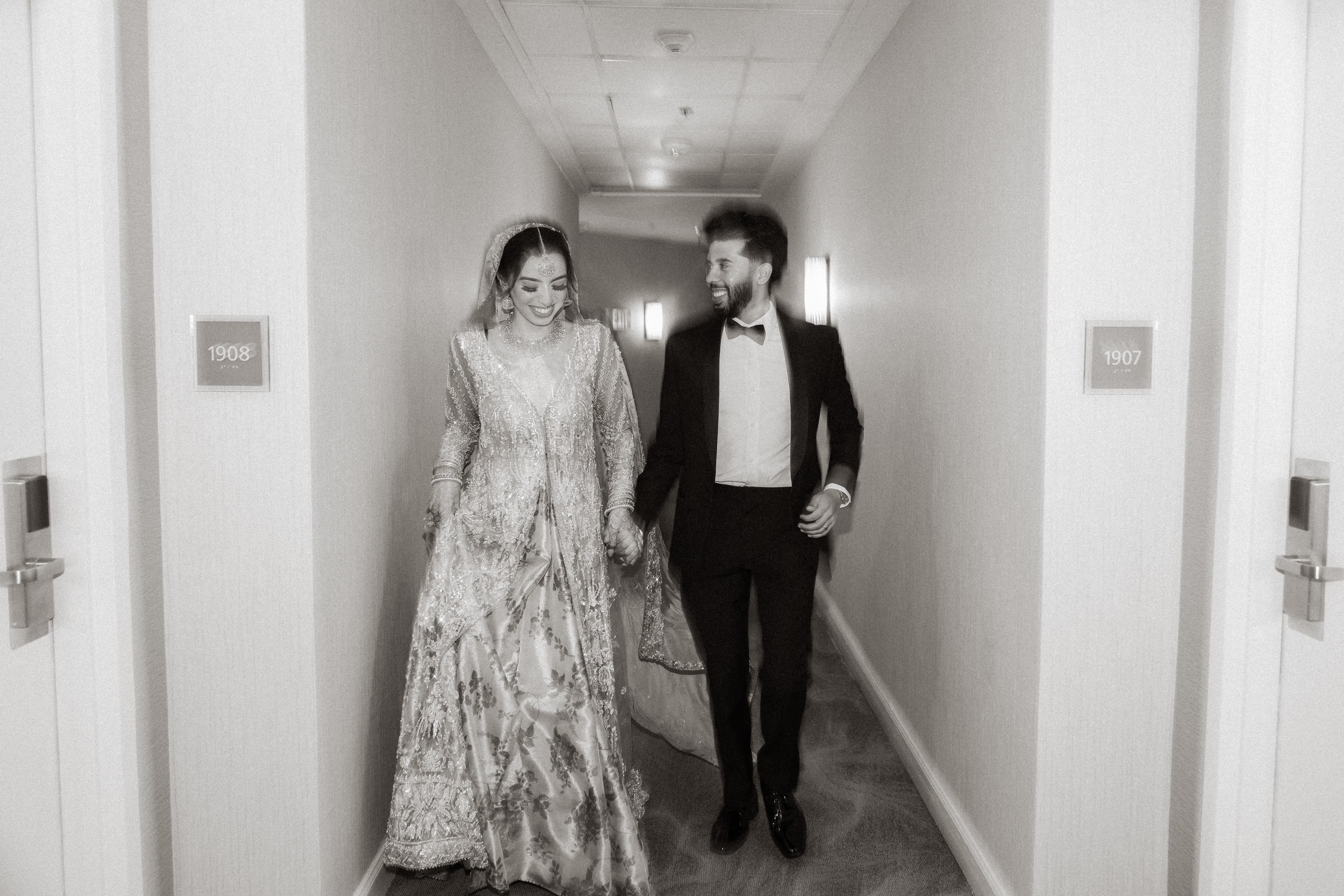 Bride and groom walking in artistic motion blur