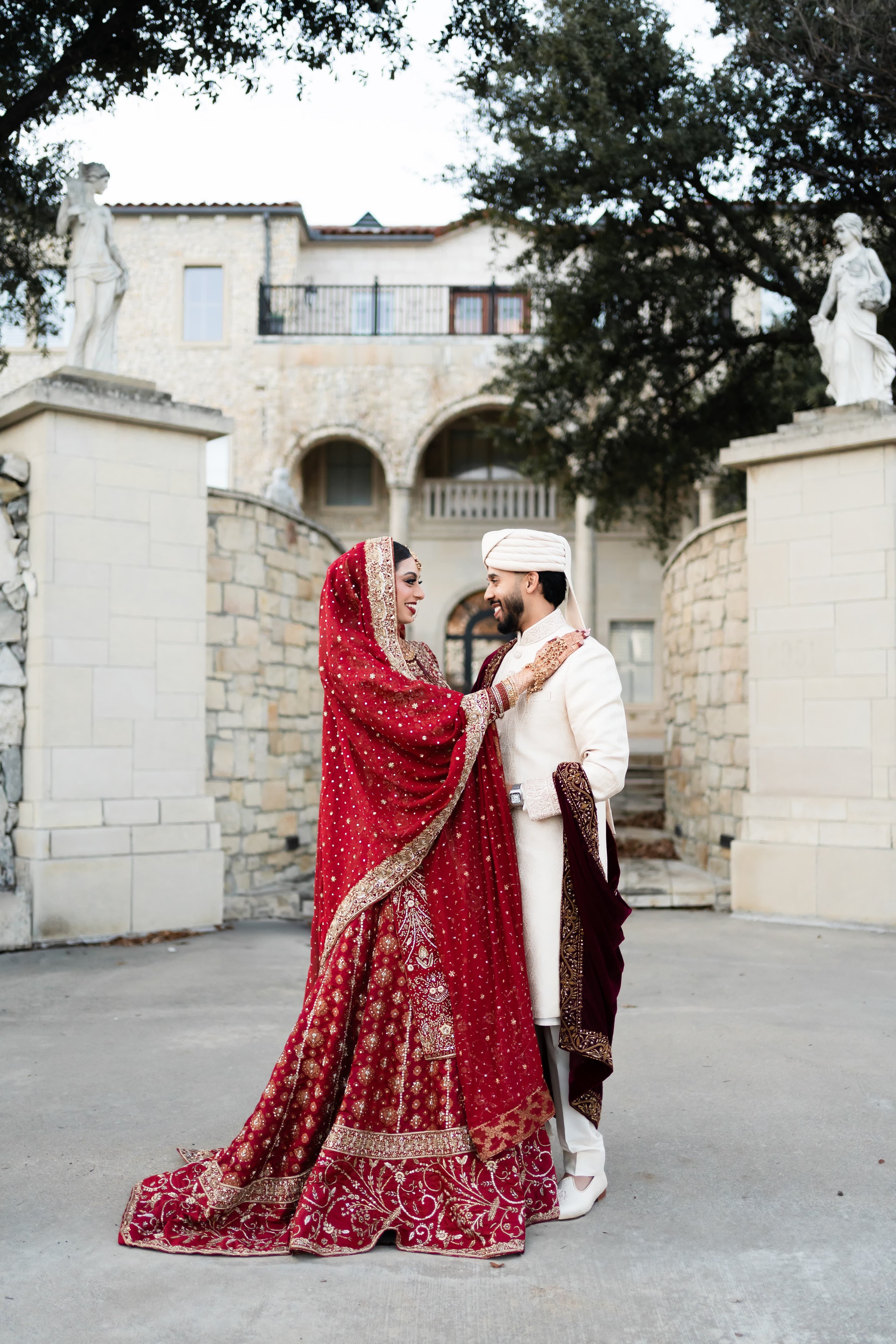 Bride and groom staring at each other